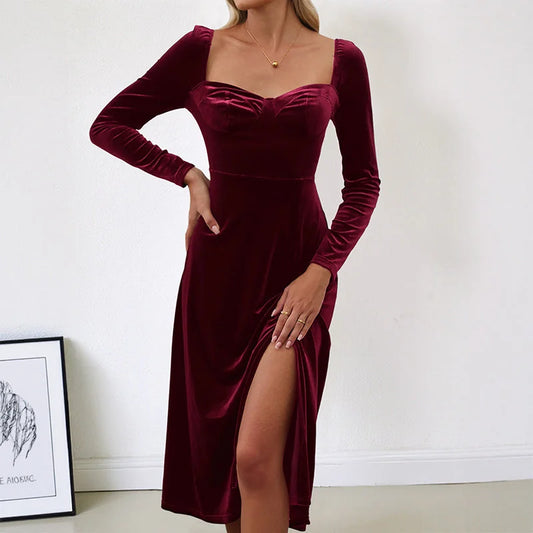 Velvet Midi Dress Burgundy Sweetheart Slit - Burgundy