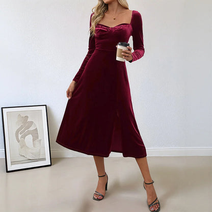 Velvet Midi Dress Burgundy Sweetheart Slit - Burgundy