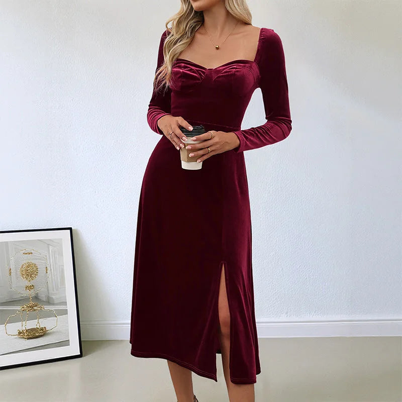 Velvet Midi Dress Burgundy Sweetheart Slit - Burgundy