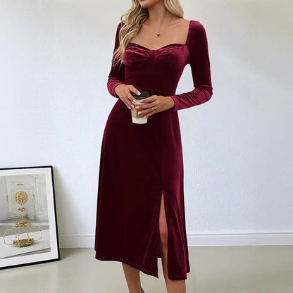 Velvet Midi Dress Burgundy Sweetheart Slit - Burgundy