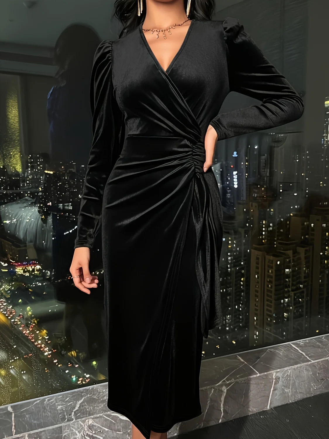 Velvet Midi Dress Crimson Wrap - Black