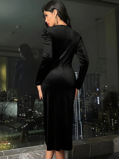 Velvet Midi Dress Crimson Wrap - Black
