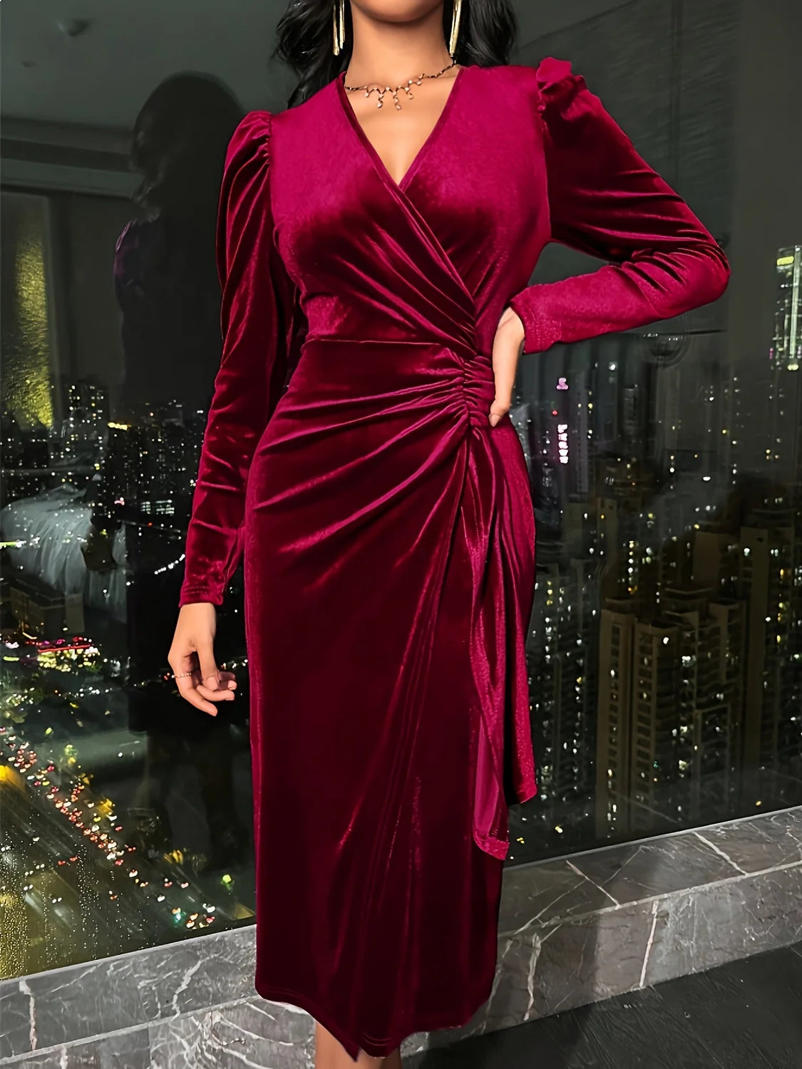 Velvet Midi Dress Crimson Wrap - Crimson
