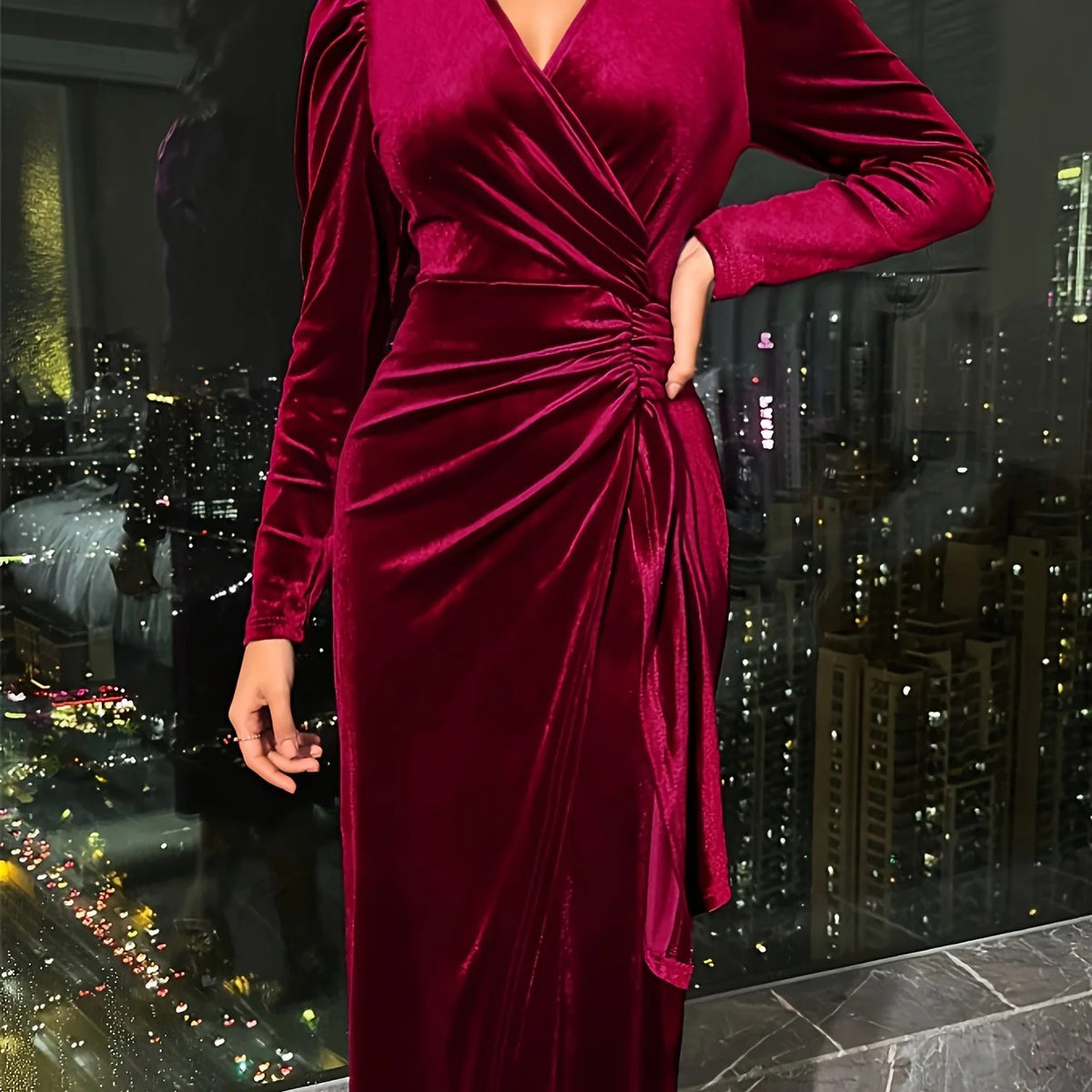 Velvet Midi Dress Crimson Wrap - Crimson
