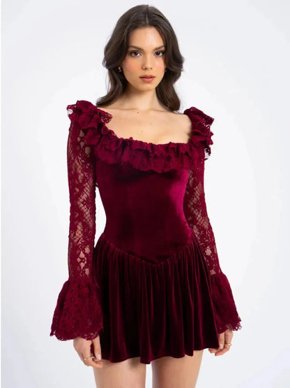 Velvet Mini Dress Burgundy Lace Sleeve - Burgundy