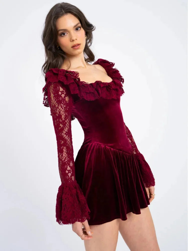 Velvet Mini Dress Burgundy Lace Sleeve - Burgundy