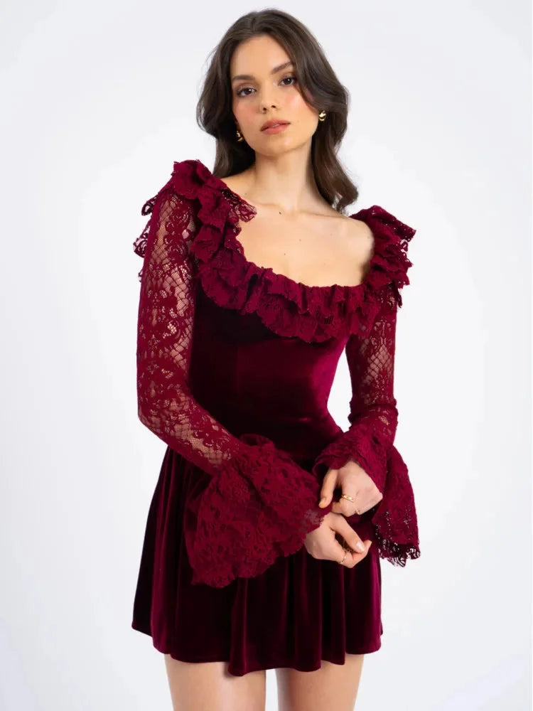 Velvet Mini Dress Burgundy Lace Sleeve - Burgundy
