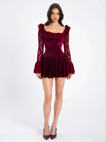 Velvet Mini Dress Burgundy Lace Sleeve - Burgundy