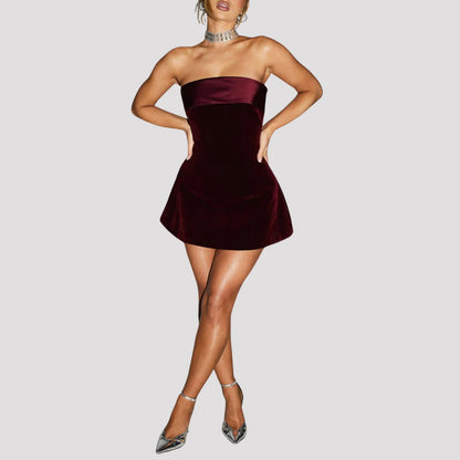 Velvet Mini Dress Deep Red Strapless - Deep Red