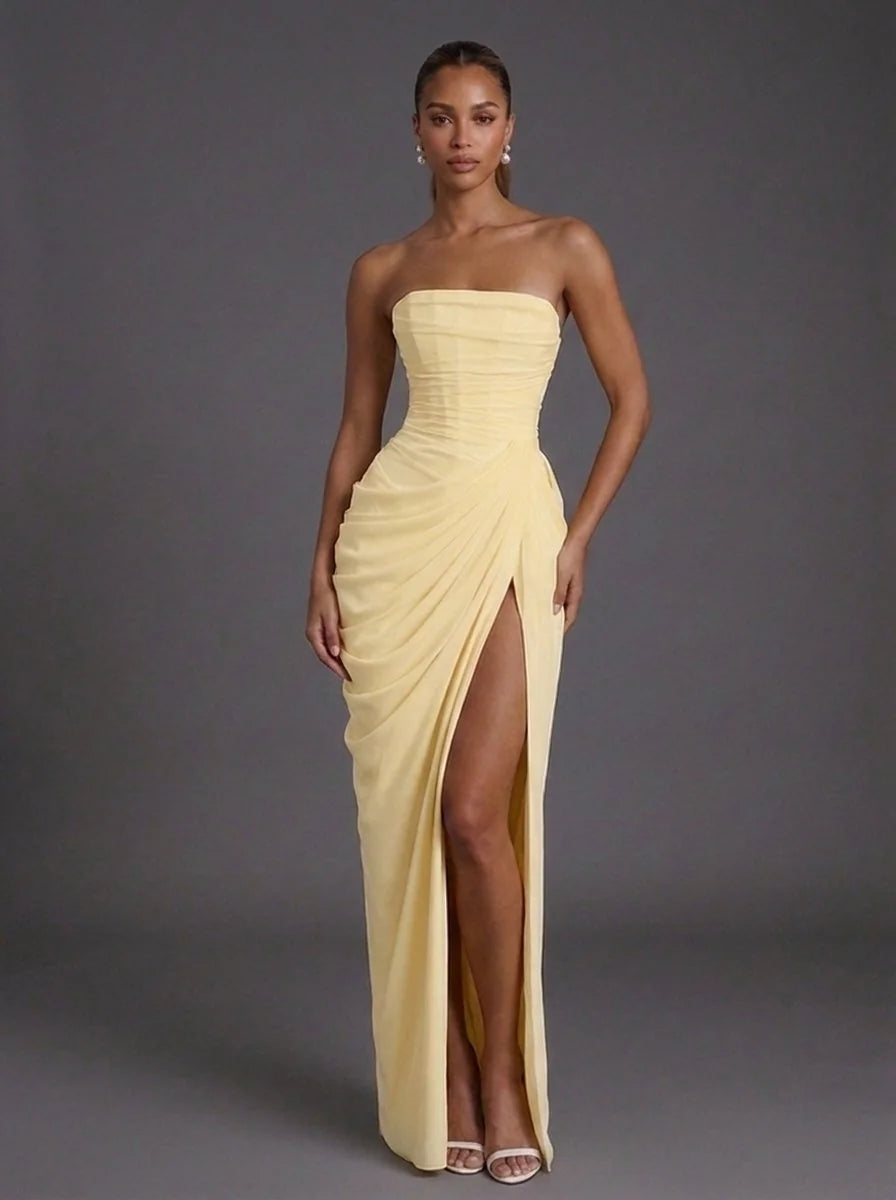 Corset Maxi Dress Navy Strapless Slit - Butter Yellow