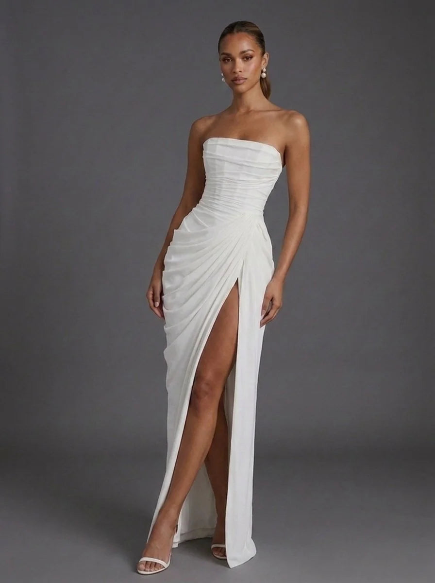 Corset Maxi Dress Navy Strapless Slit - White