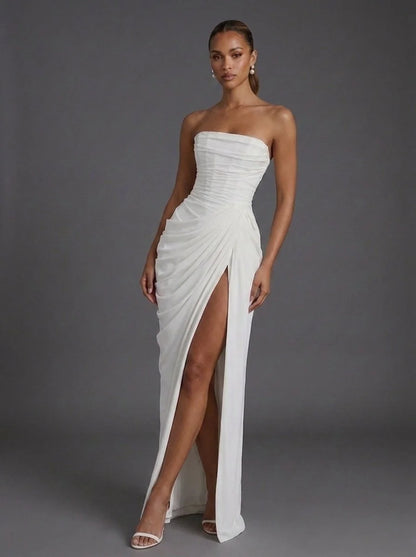Corset Maxi Dress Navy Strapless Slit - White