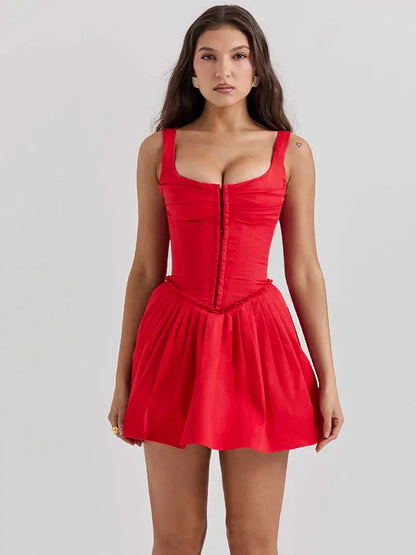 Corset Mini Dress Red Tulle Skirt - Red