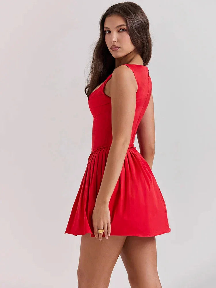 Corset Mini Dress Red Tulle Skirt - Red