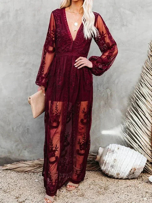 Lace Maxi Dress Black Long Sleeve - Burgundy