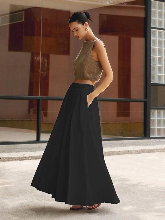 Maxi Skirt Black High Waist A-Line - Black