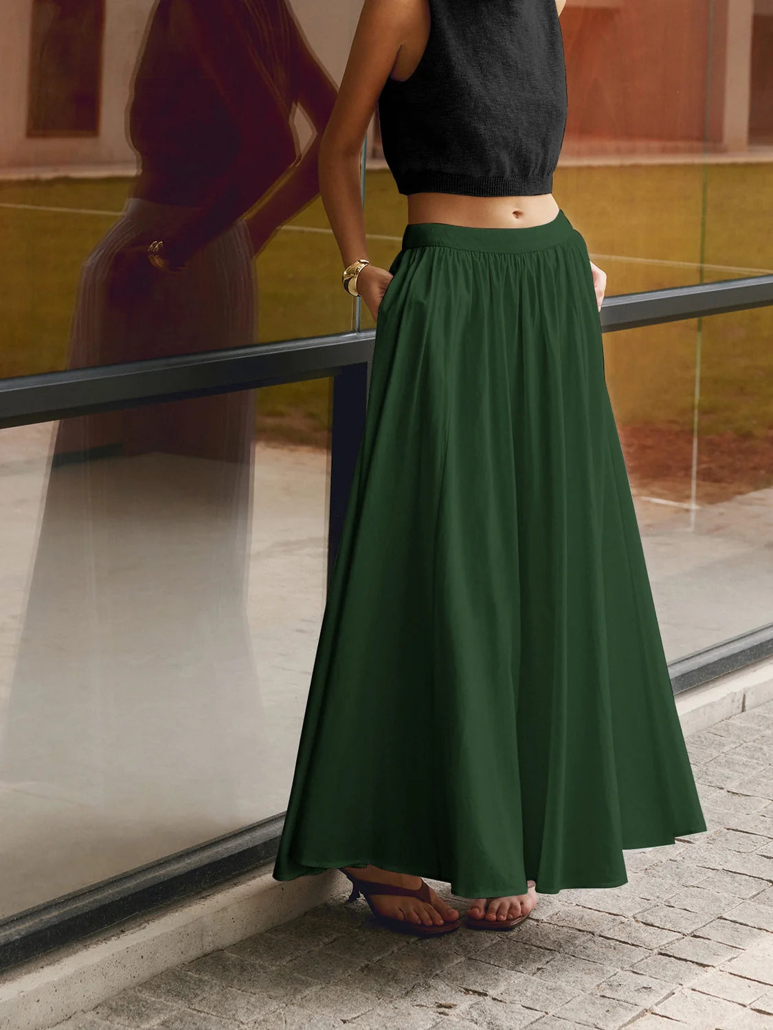 Maxi Skirt Black High Waist A-Line - Green