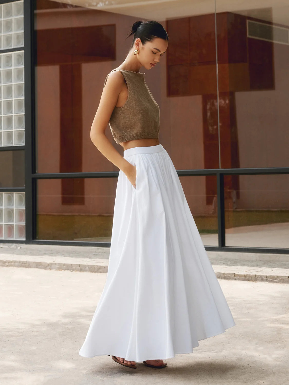 Maxi Skirt Black High Waist A-Line - White