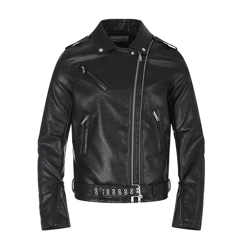 Men's Biker Jacket Black Asymmetric Zip - Black