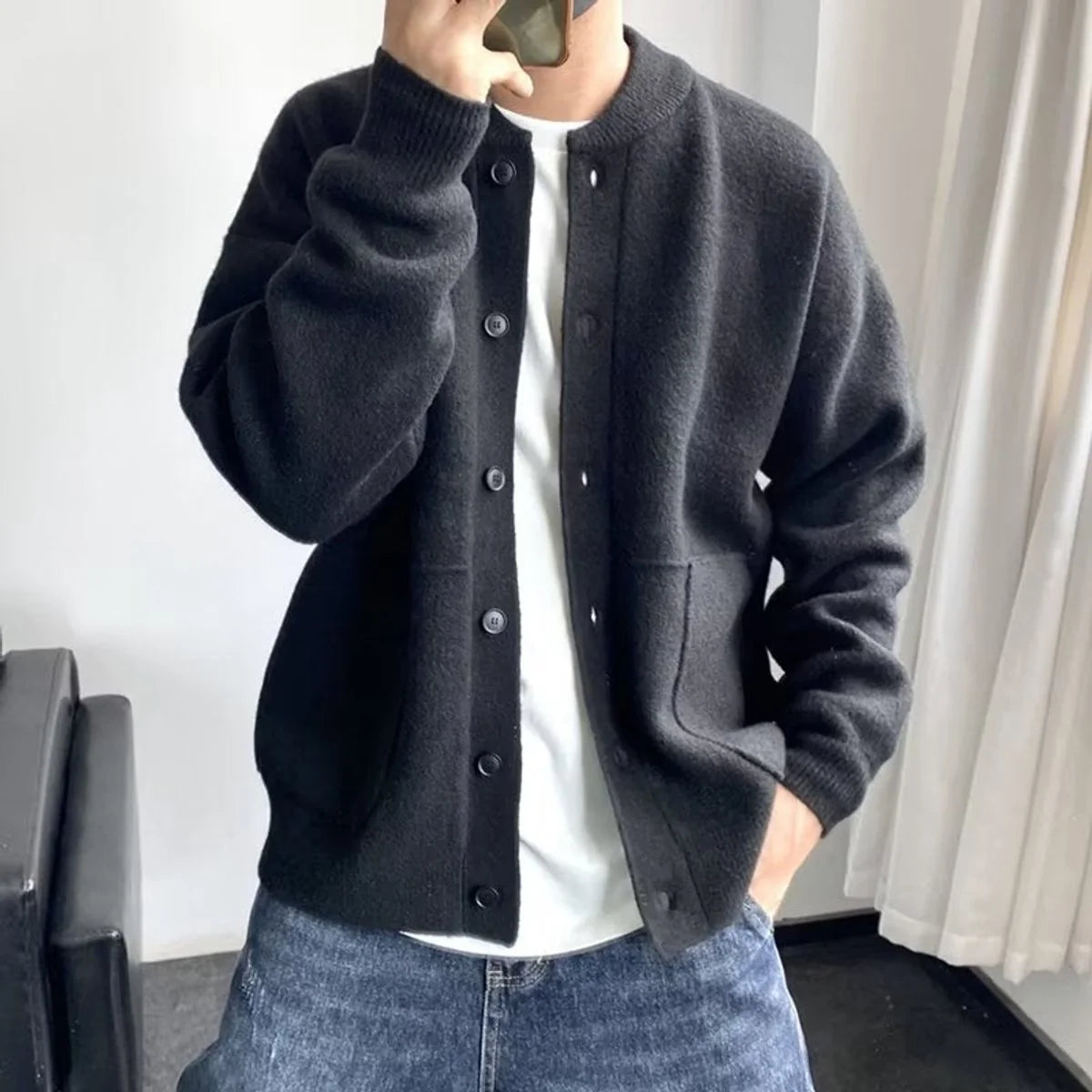 Men's Cardigan Black Button Front - Black