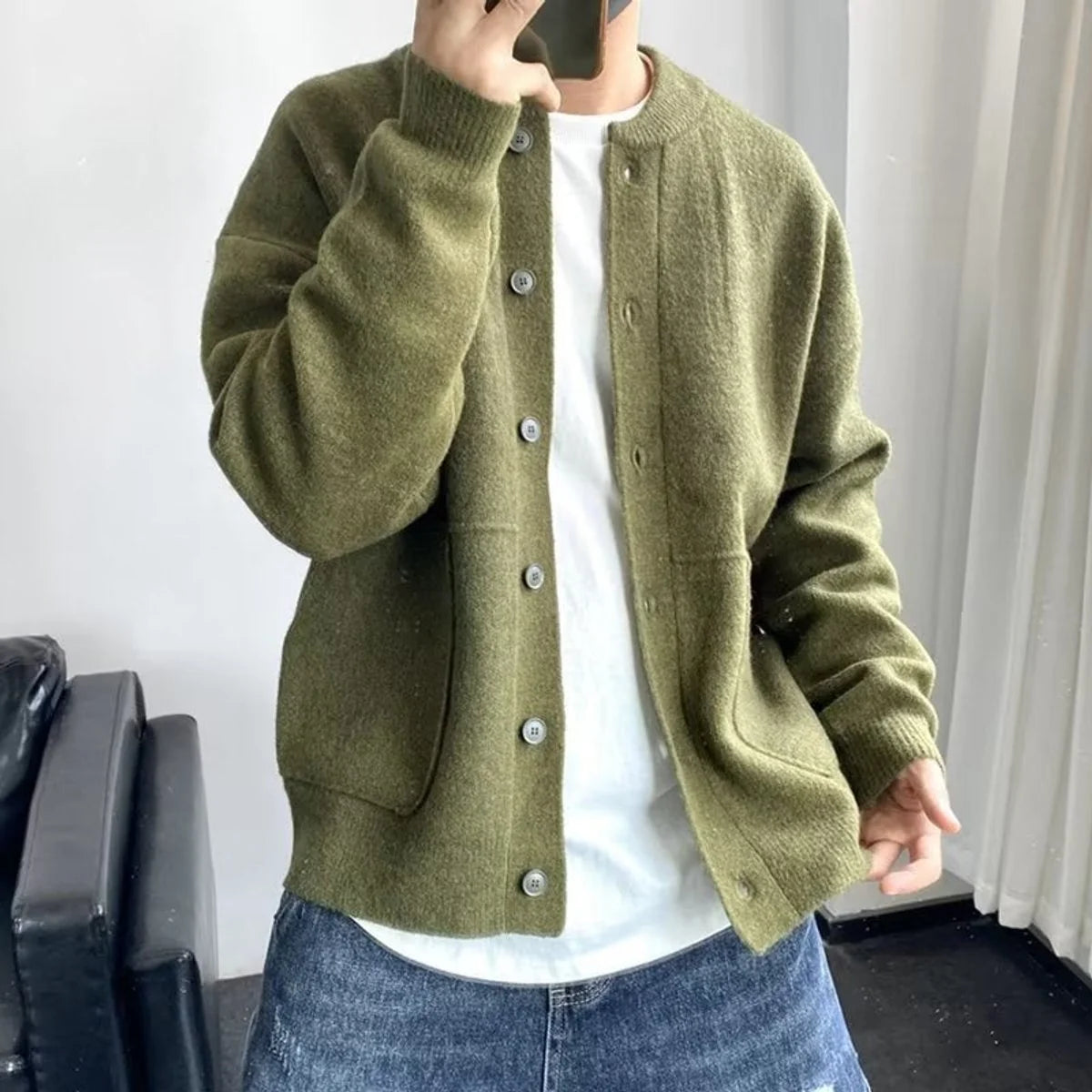 Men's Cardigan Black Button Front - Olive Green