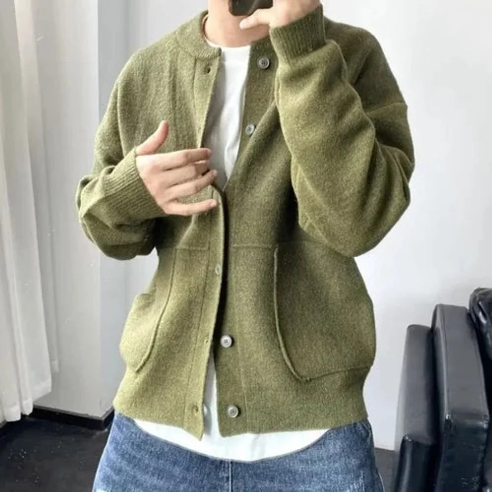 Men's Cardigan Black Button Front - Olive Green