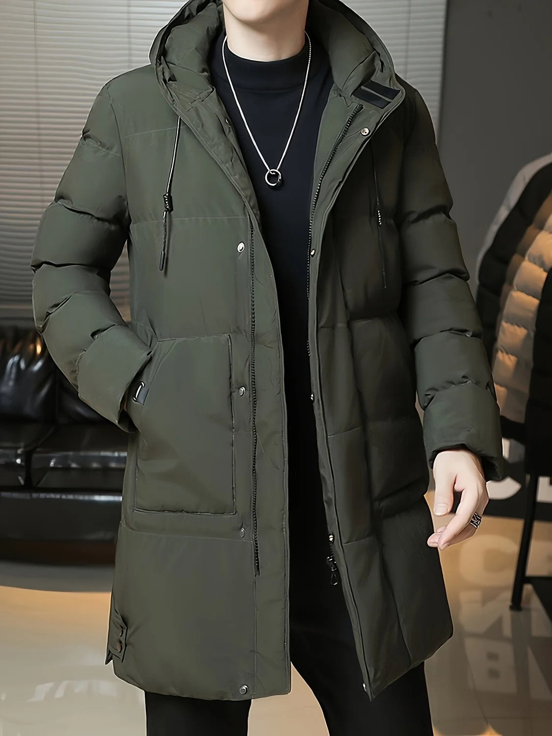 Men's Hooded Puffer Jacket Grey Long - Army Green