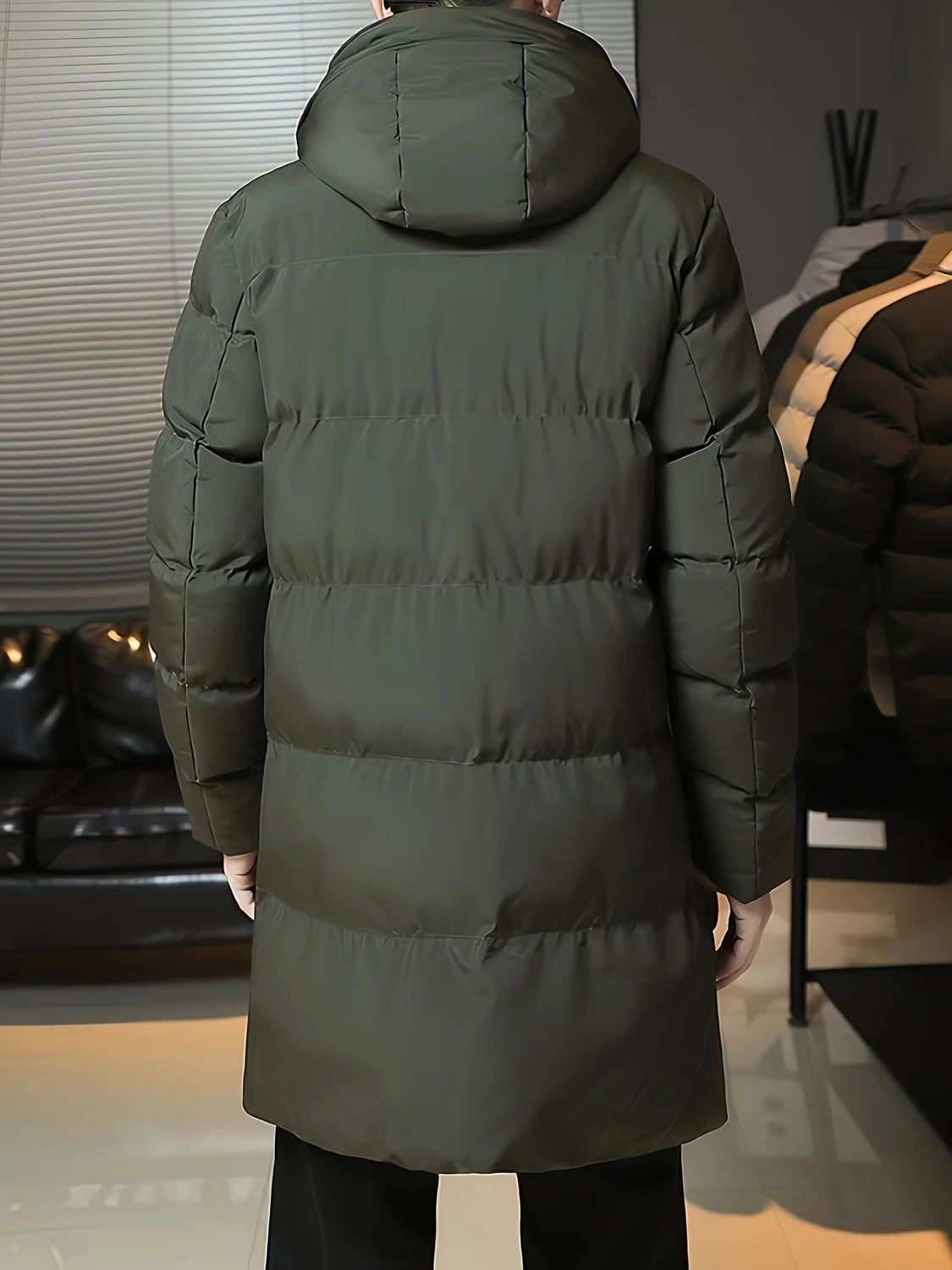 Men's Hooded Puffer Jacket Grey Long - Army Green