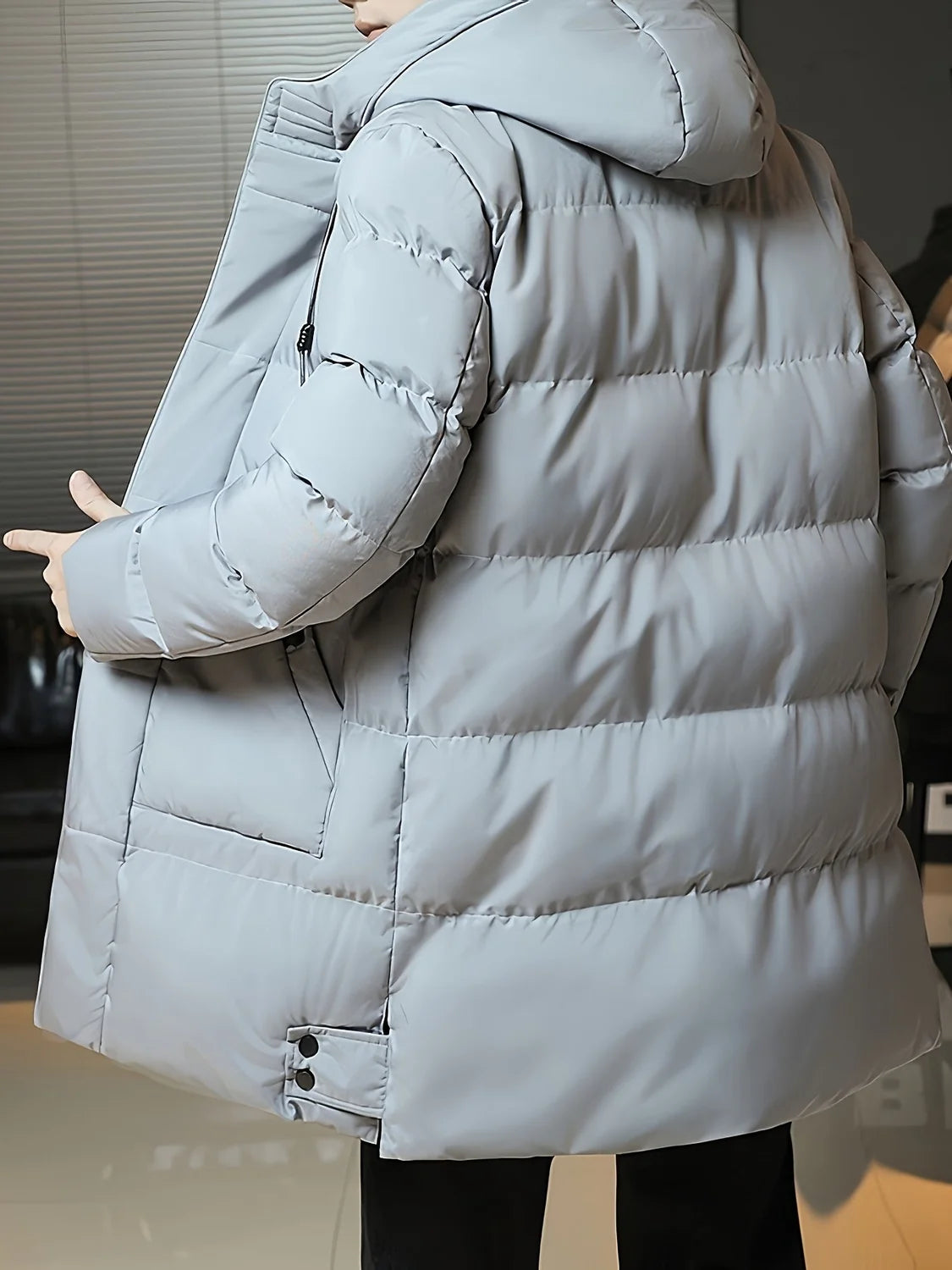 Men's Hooded Puffer Jacket Grey Long - Grey