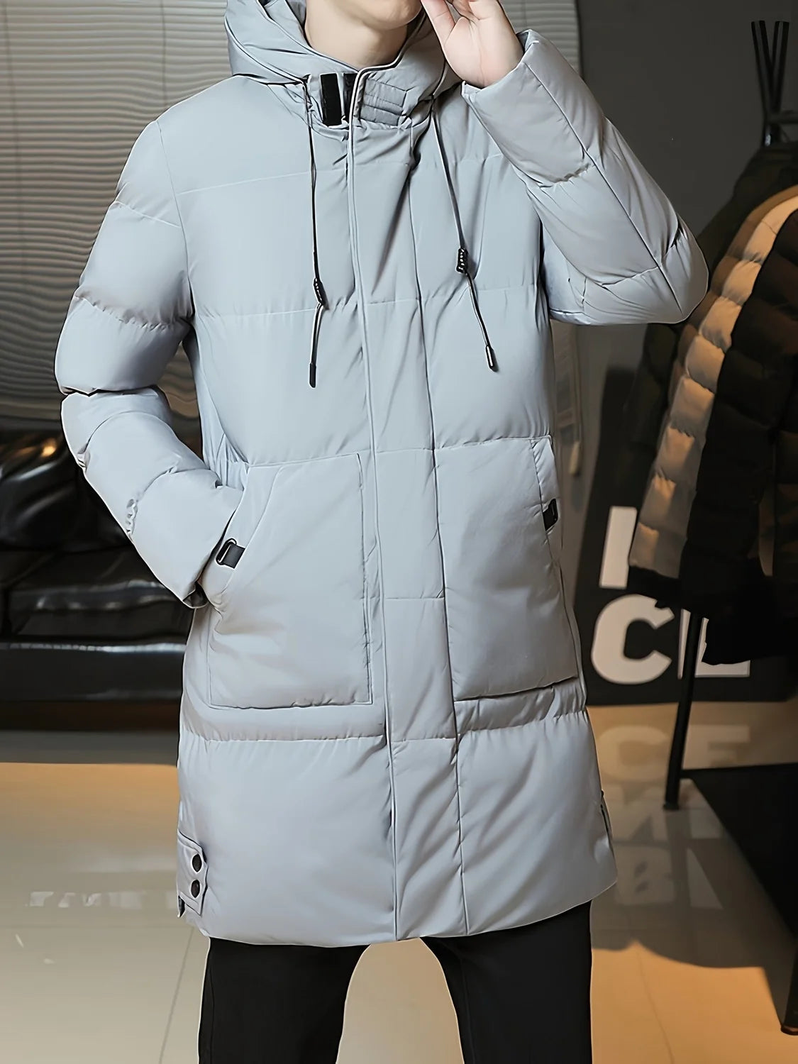 Men's Hooded Puffer Jacket Grey Long - Grey