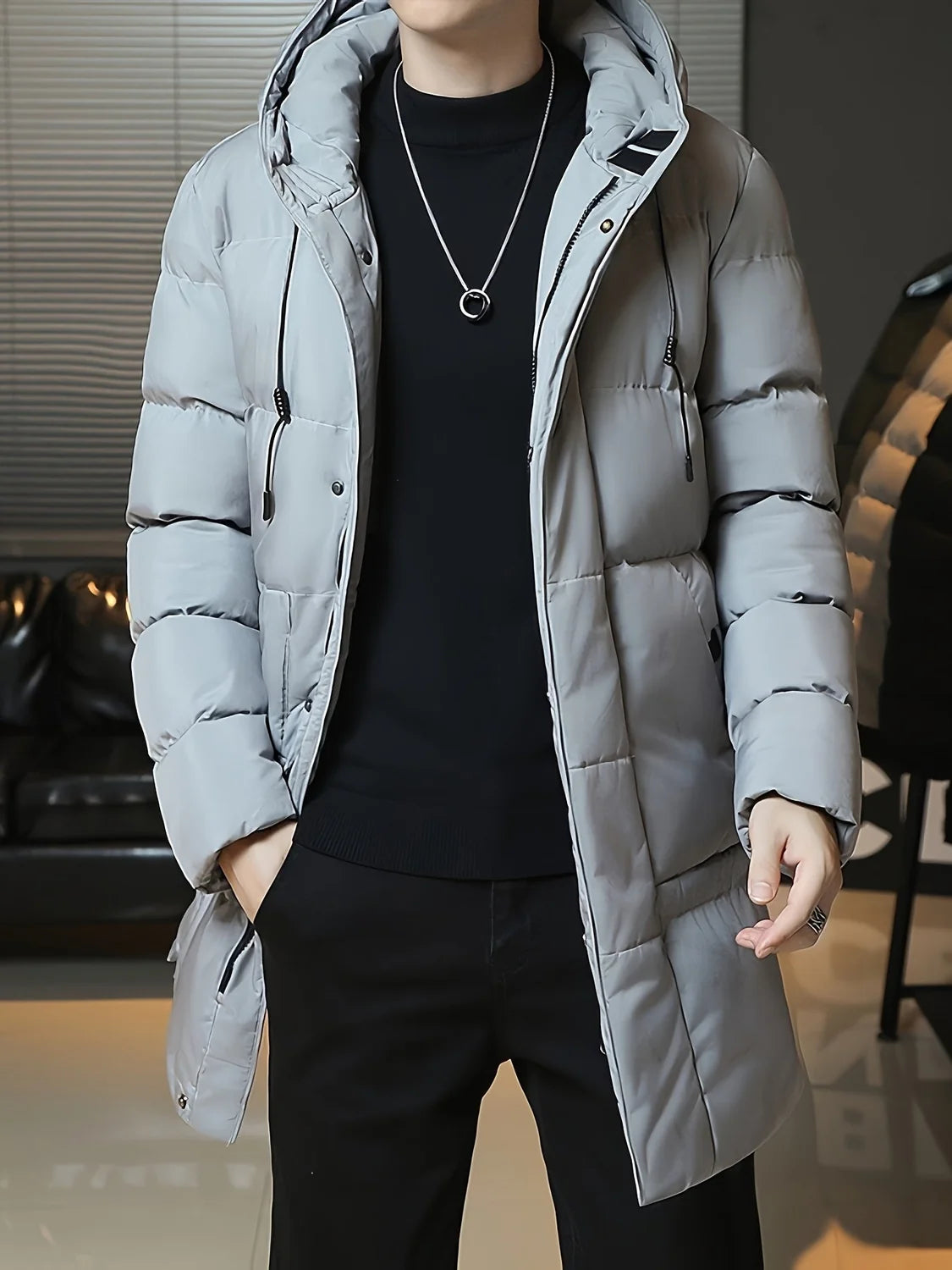 Men's Hooded Puffer Jacket Grey Long - Grey