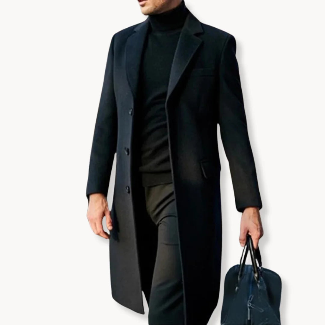 Men's Long Coat Black Notch Lapel - Black