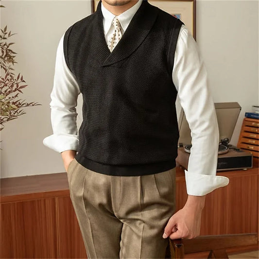 Men's Vest Black Shawl Collar Sweater - Black
