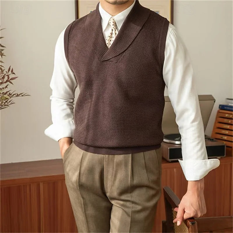 Men's Vest Black Shawl Collar Sweater - Coffee