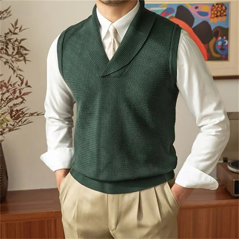 Men's Vest Black Shawl Collar Sweater - Green