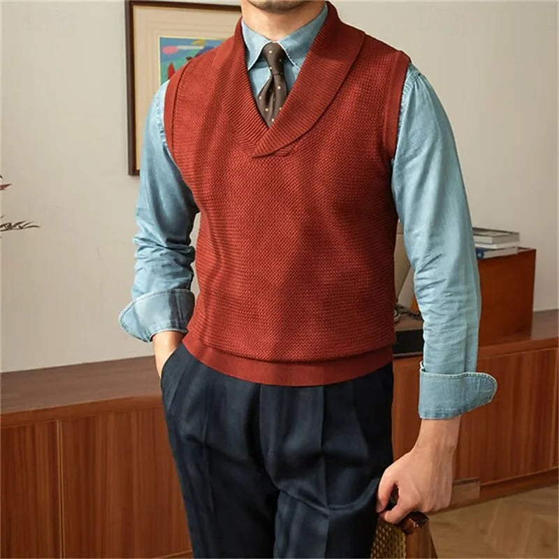 Men's Vest Black Shawl Collar Sweater - Rust Brown