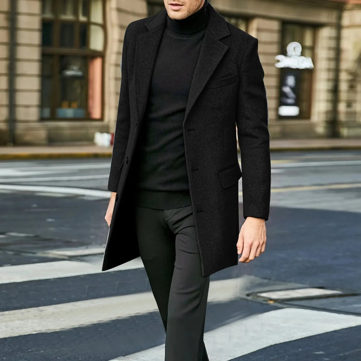 Men's Wool Coat Black Overcoat - Black