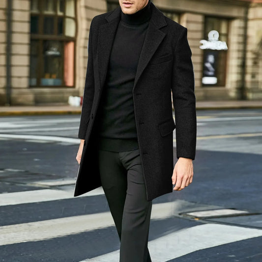 Men's Wool Coat Black Overcoat - Black