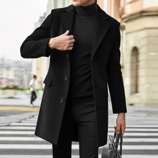 Men's Wool Coat Black Overcoat - Black