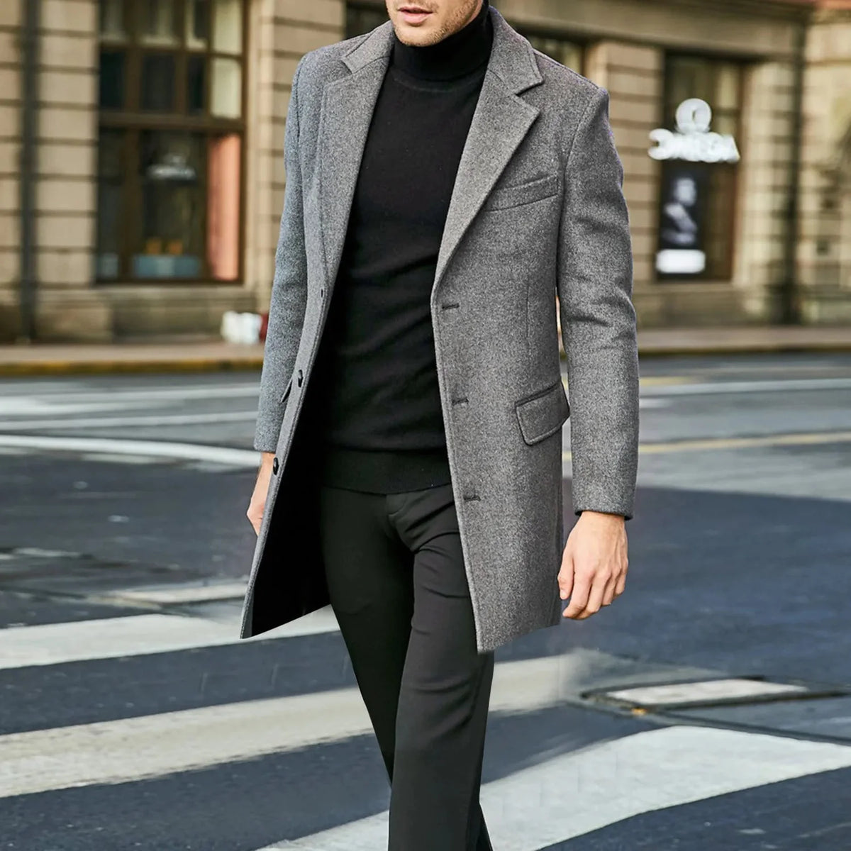 Men's Wool Coat Black Overcoat - Grey