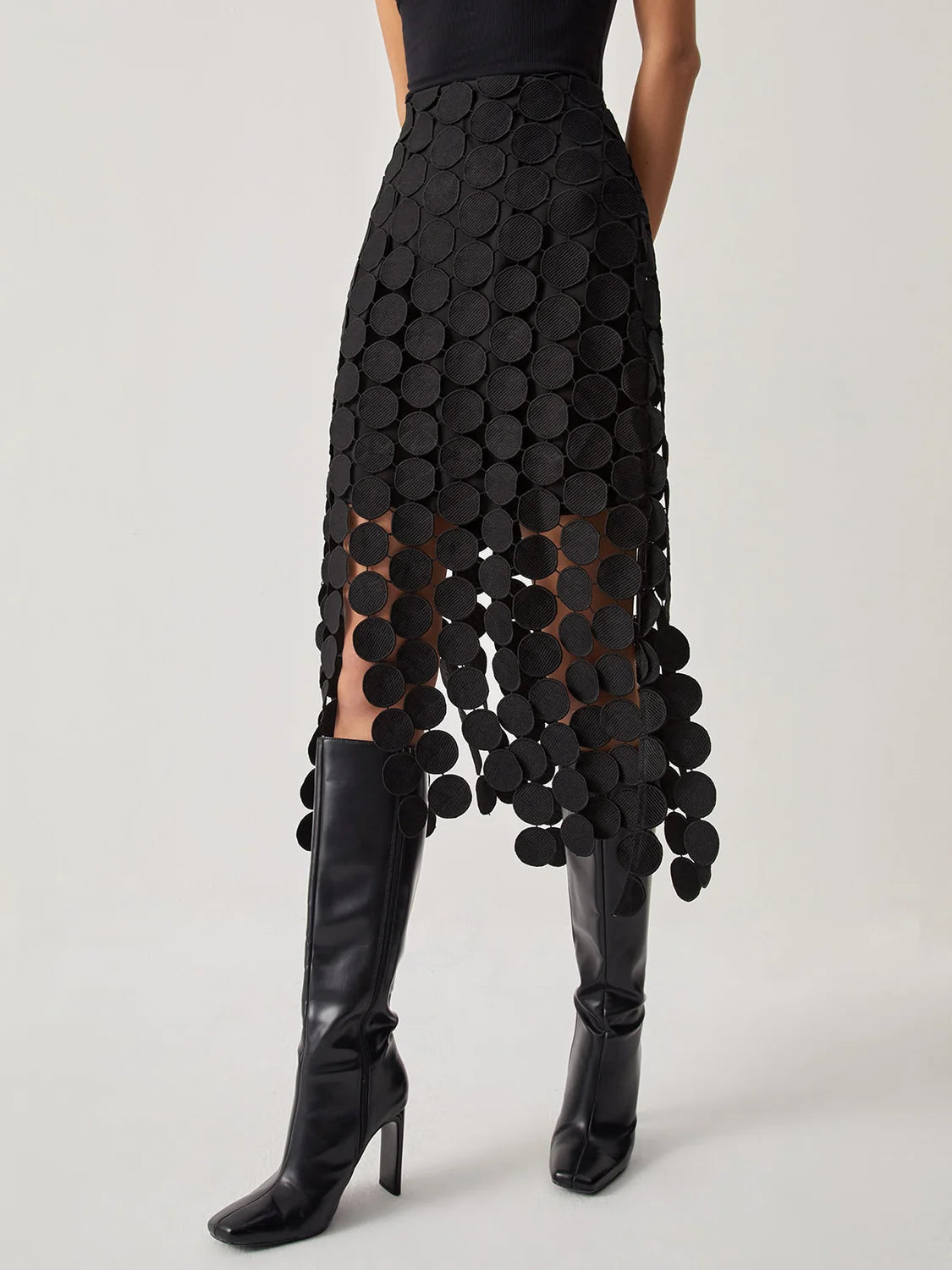 Midi Skirt Black Circle Cutout - Black