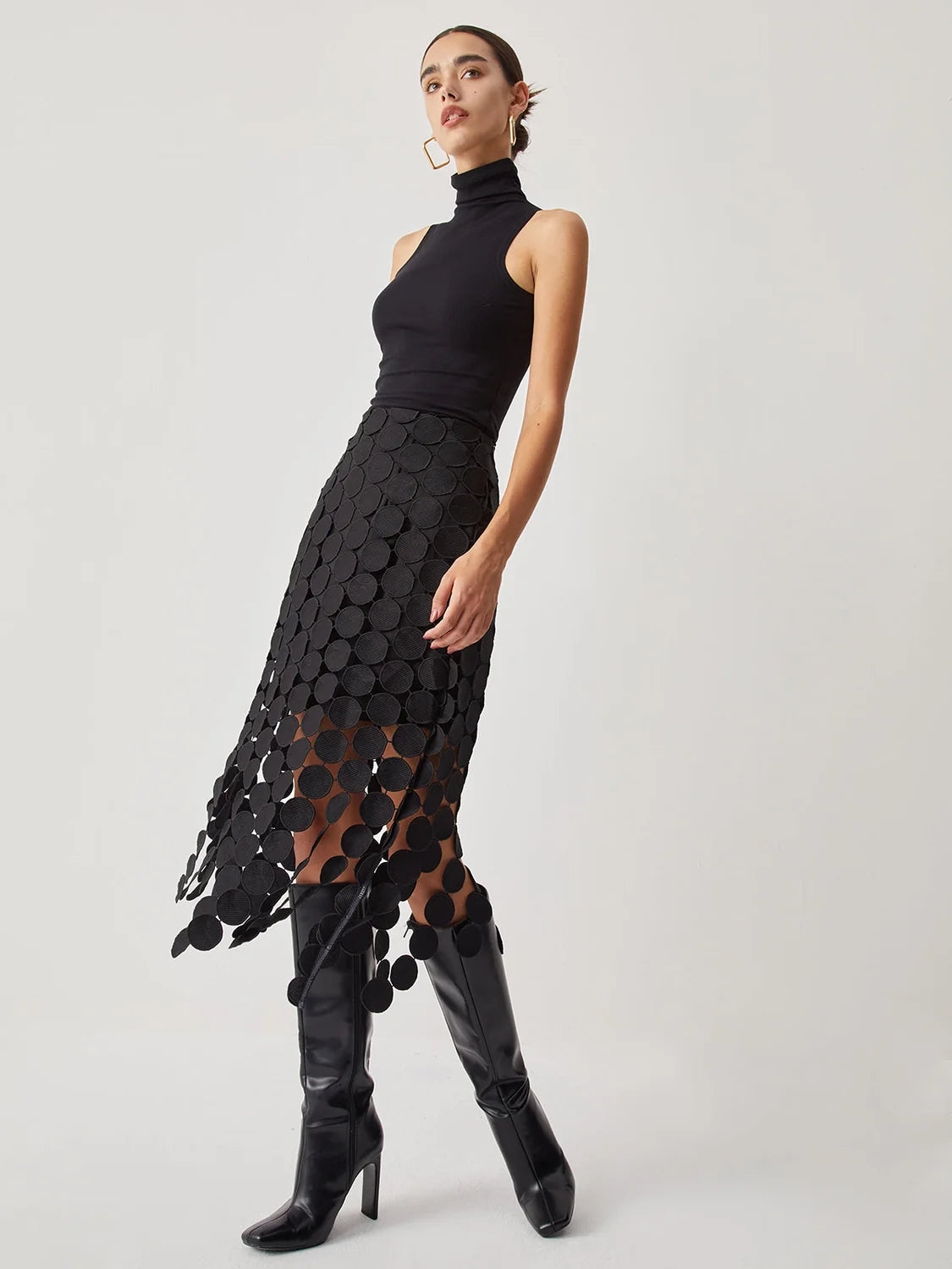 Midi Skirt Black Circle Cutout - Black