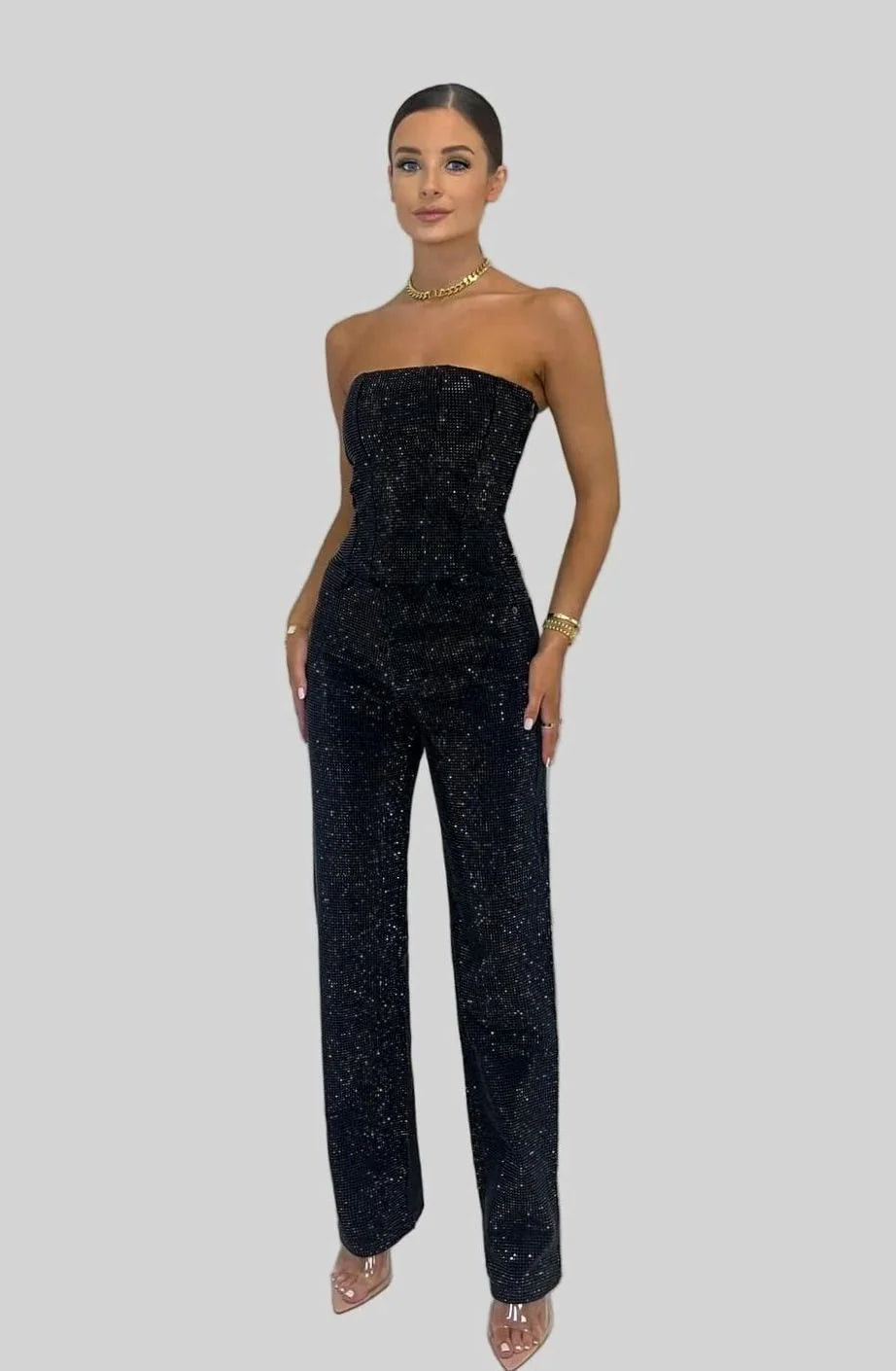 Sequin Jumpsuit Black Strapless - Black
