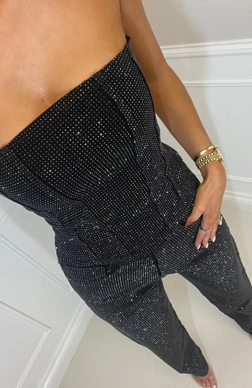 Sequin Jumpsuit Black Strapless - Black