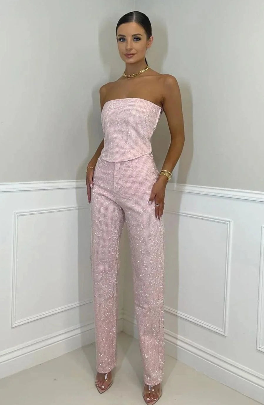 Sequin Jumpsuit Black Strapless - Pink
