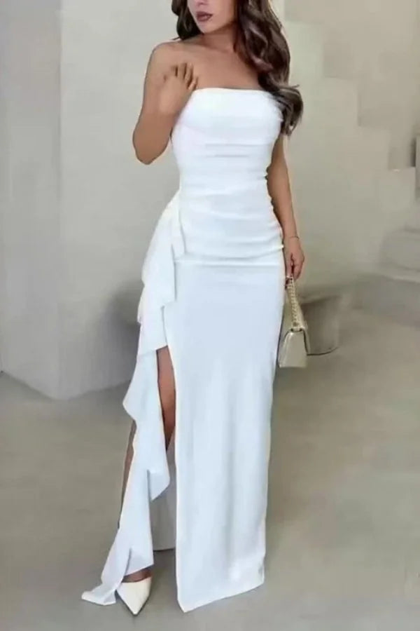 Strapless Maxi Dress White Satin Slit - White