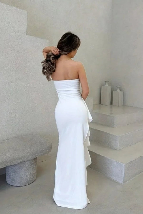 Strapless Maxi Dress White Satin Slit - White