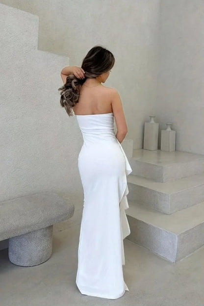 Strapless Maxi Dress White Satin Slit - White