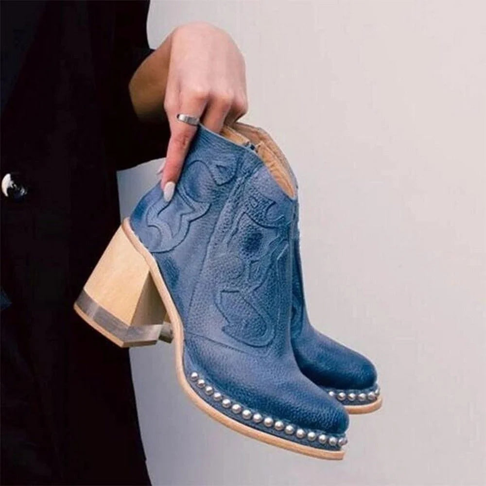 Studded Ankle Boots Black Western - Blue