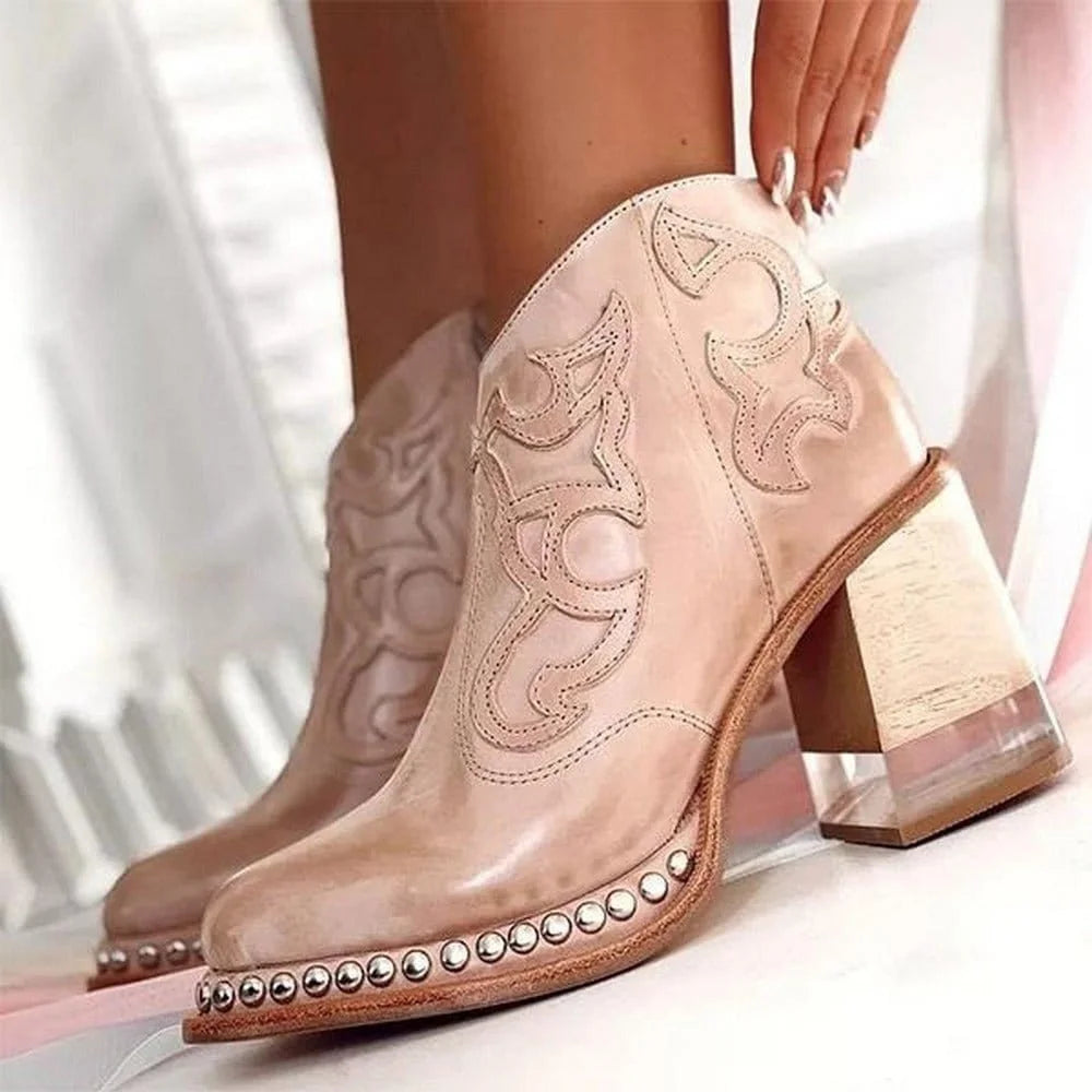 Studded Ankle Boots Black Western - Pink
